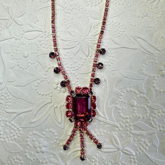 Vintage Juliana D & E Pink and Purple Rhinestone Necklace Emerald Cut Pendant - Picture 1 of 8